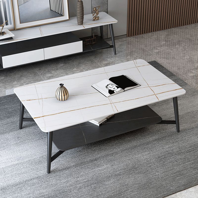 Modern Coffee Table with Storage Shelf and Black Metal Cross Base