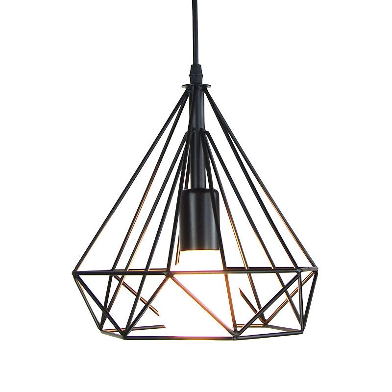 Black Diamond Shaped Pendant Light Kit Industrial Iron Single-Bulb Dining Room Suspension Lamp
