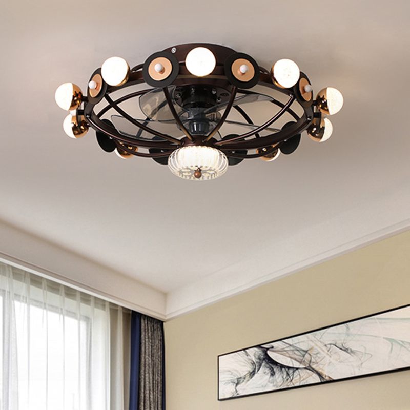 Oval Cage Metallic Pendant Fan Lamp Modernist 25.5" W 11 Heads White/Grey/Coffee Semi Flushmount, 4 Blades