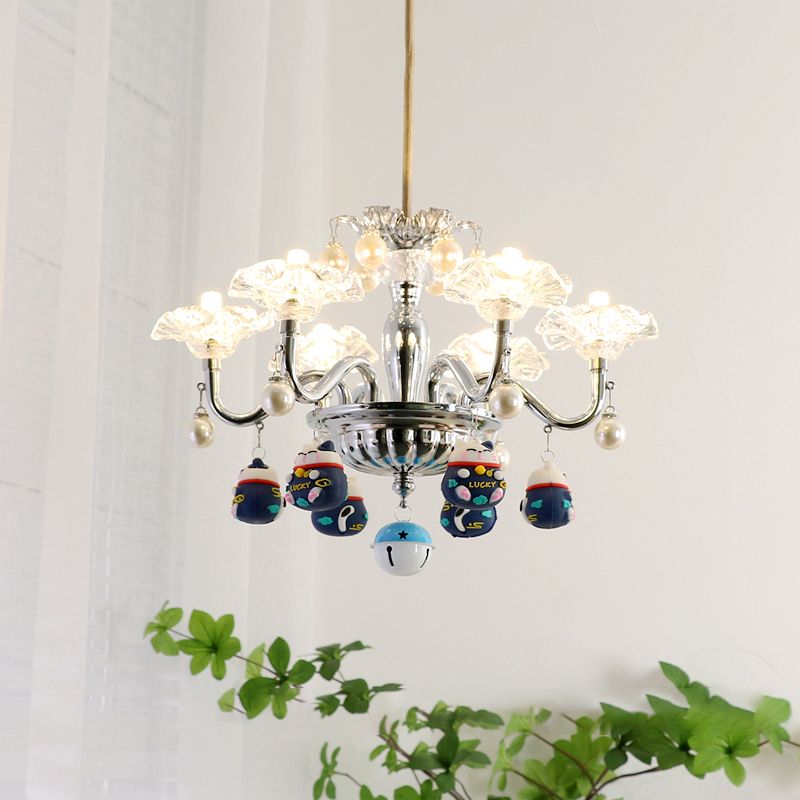 Clear Glass Chandelier Modern 6-Light Silver Suspension Light for Bedroom