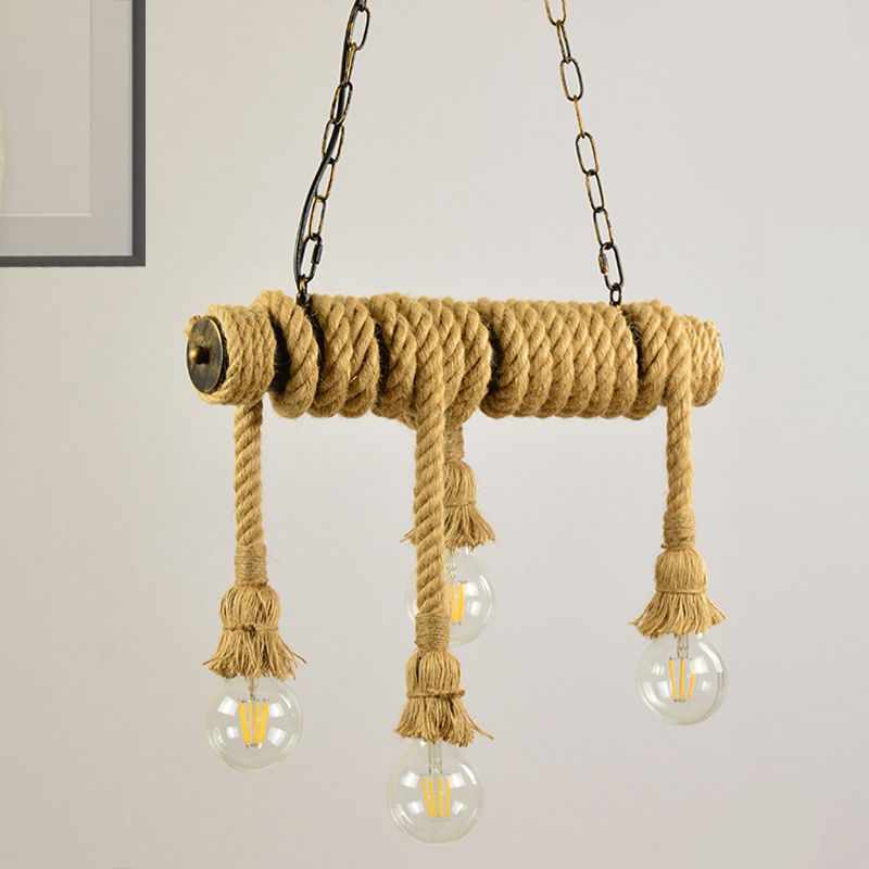 Open Bulb Dining Room Island Lamp Rope 4 Lights Industrial Style Hanging Island Light in Beige