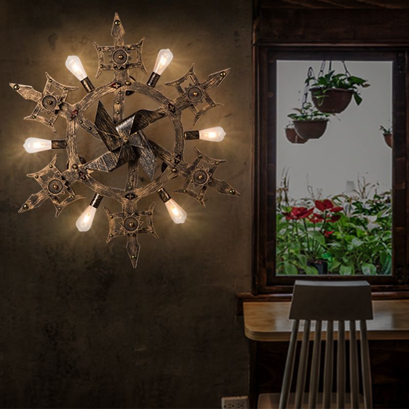 Metal Brass Wall Mounted Lamp Windmill Shaped 6 Heads Warehouse Wall Sconce for Dining Room