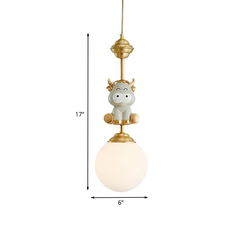 Gold Cow/Tiger Suspension Light Cartoon 1 Bulb Resin Ceiling Pendant with Global White Glass Shade