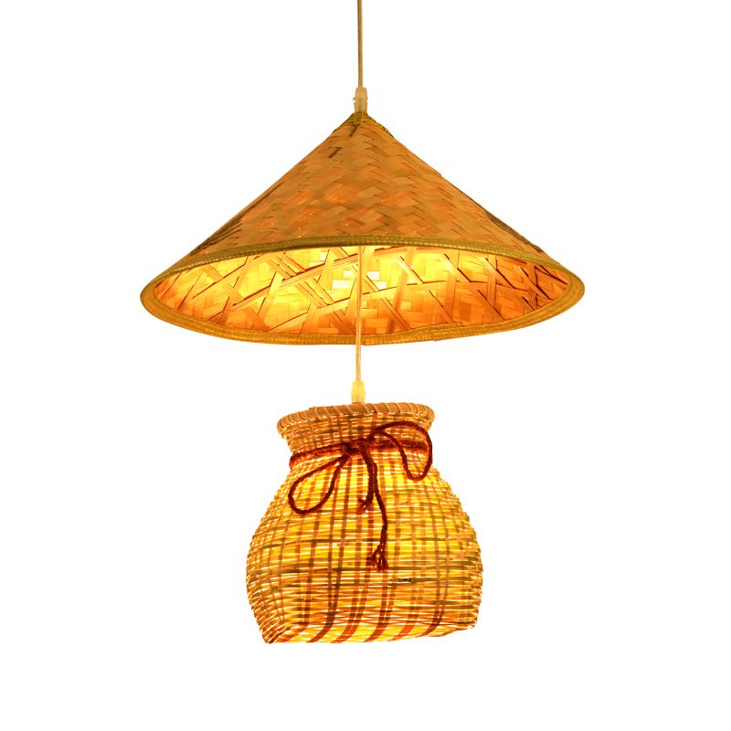 Bamboo Cone Suspension Pendant Traditional 1 Head Wood Hanging Ceiling Light with Basket