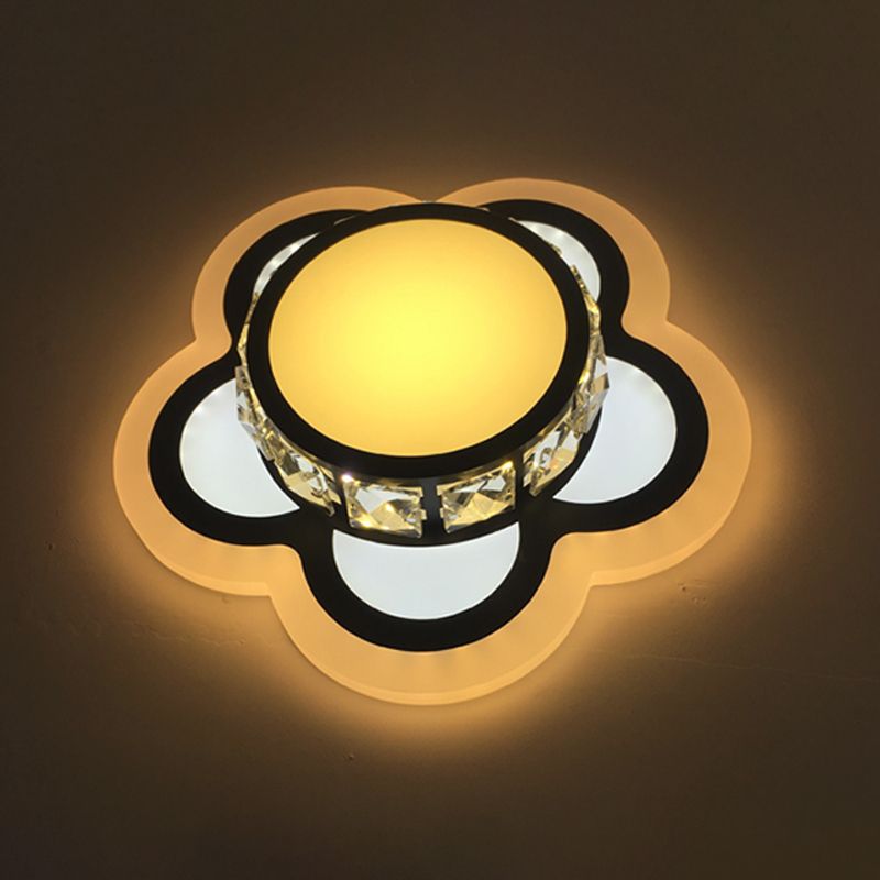 LED Drum Flush Mount Light Contemporary Beveled Crystal Ceiling Lighting in Ivory with Floral Design
