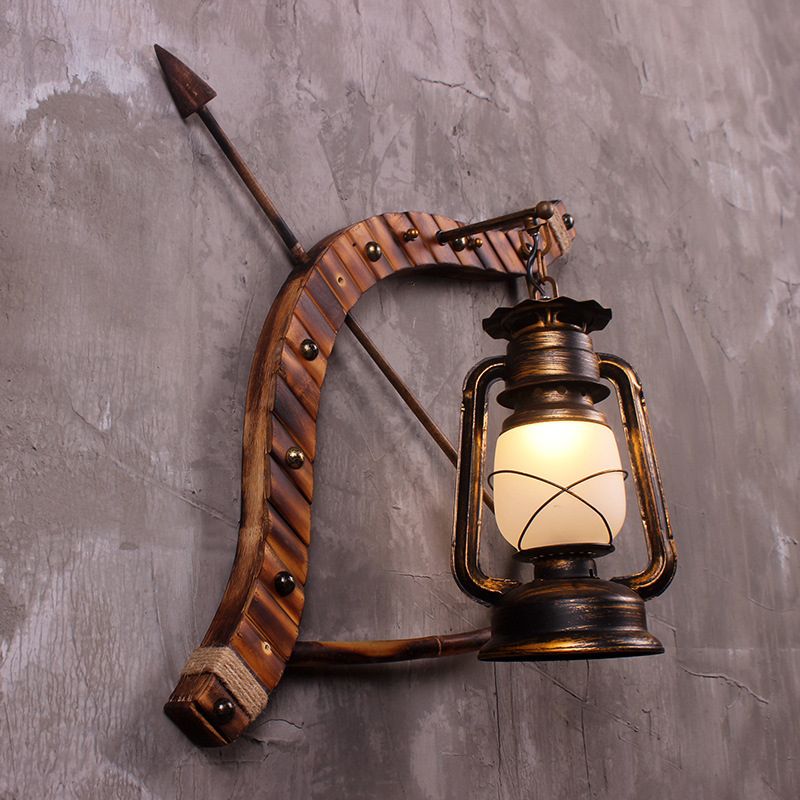 Vintage Lantern Wall Lamp 1 Light Opal Glass Sconce Light Fixture in Bronze with Wood Bow and Arrow Deco