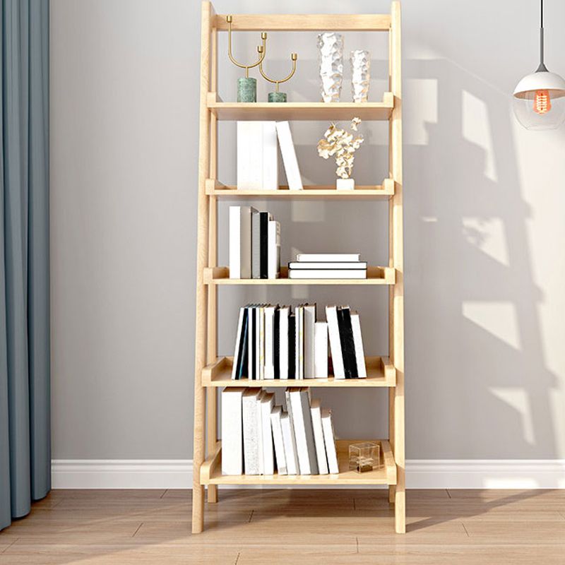Modern Style Bookcase Rubber Wood Open Back Ladder Bookshelf for Home Office