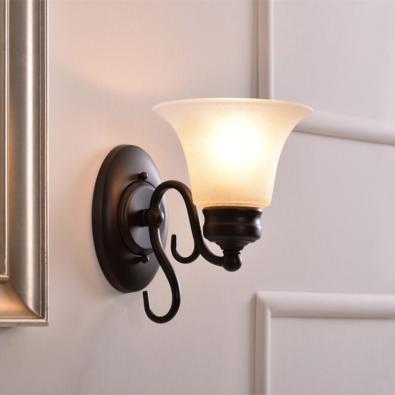 Bell White Glass Sconce Lighting Country Style 1 Light Indoor Wall Mount Lamp Fixture in Black
