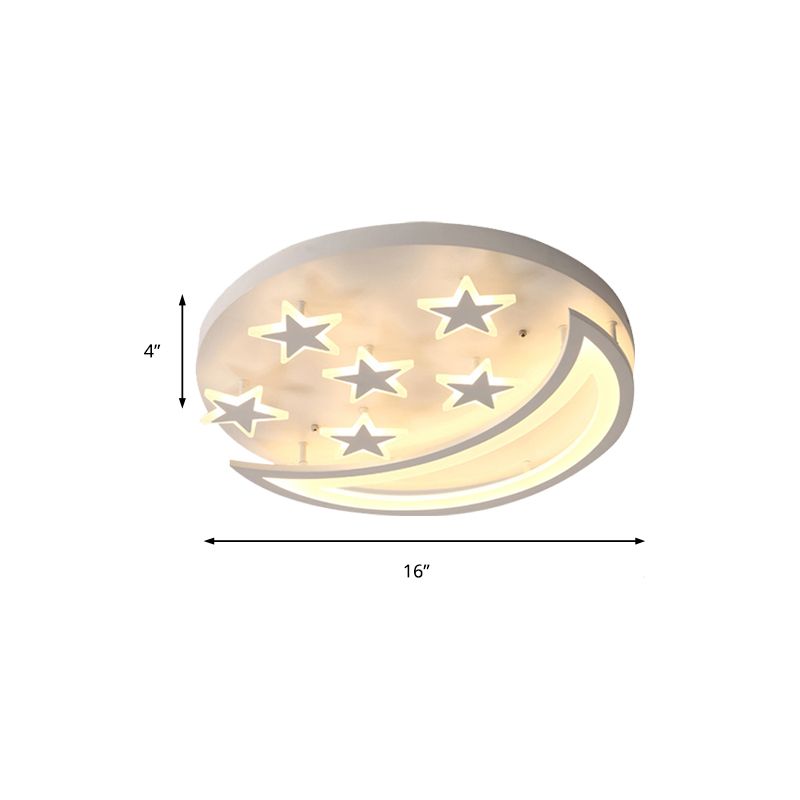 Metal Moon and Star Flush Ceiling Light Kid Bedroom Cartoon Ceiling Lamp in White Finish