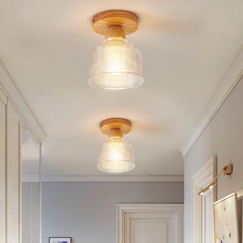 Modern Wooden Semi Flush Mount Glass Shade Semi Flush for Living Room