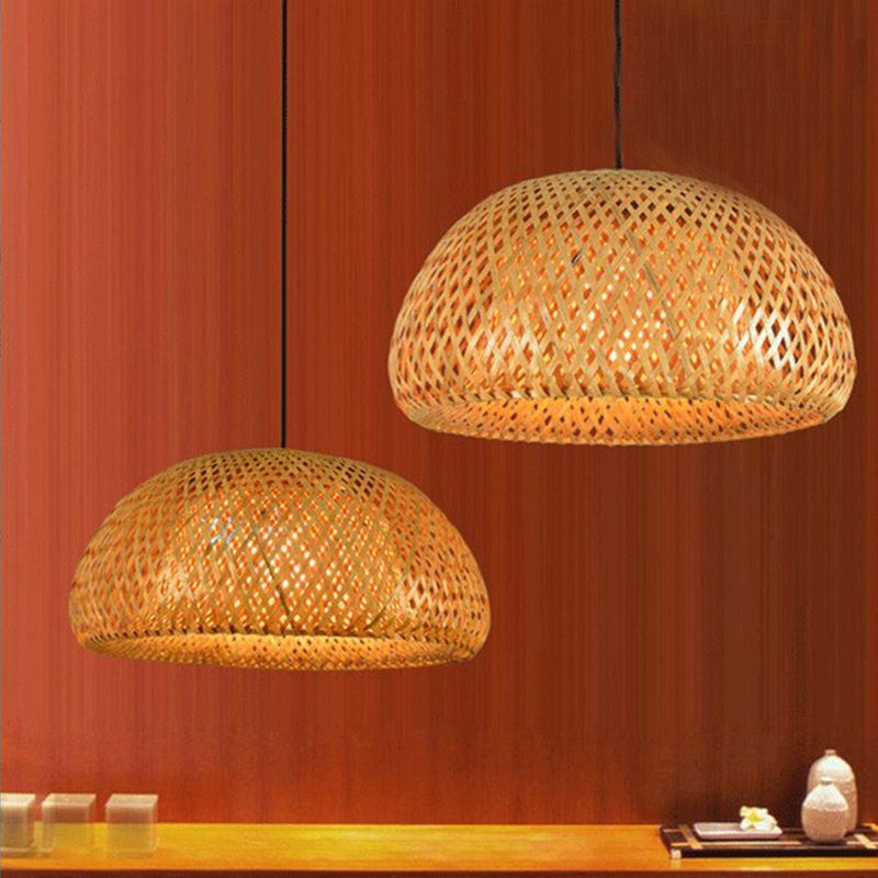 Asian Weaving Style Curved Drum Pendant Lighting Fixtures Rattan 1 Light Suspension Pendant