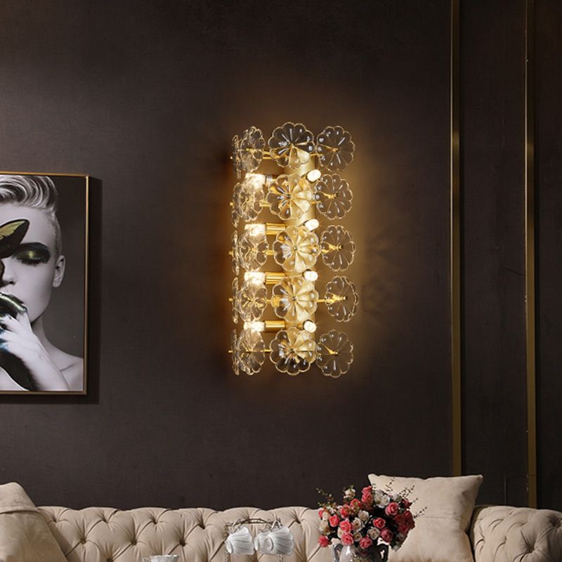 Minimalist 3 Bulbs Sconce Light Gold Floral Wall Mount Lighting with Crystal Shade for Bedroom