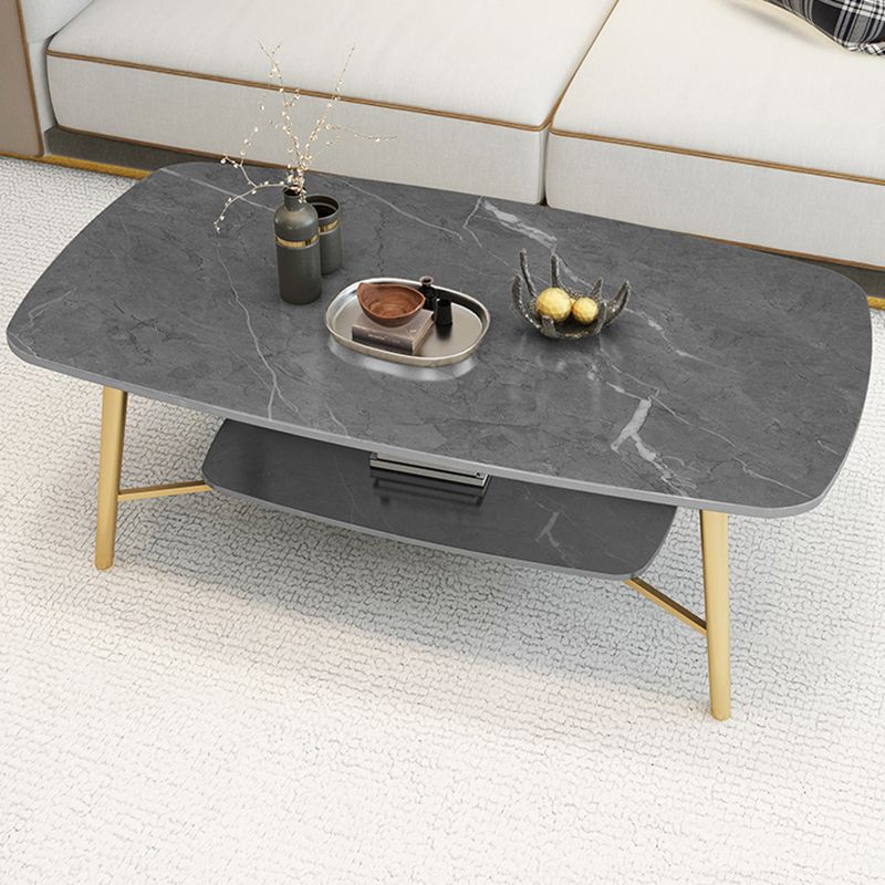 4 Legs 1 Single Coffee Table Rectangular Stone Cocktail Table with Shelf