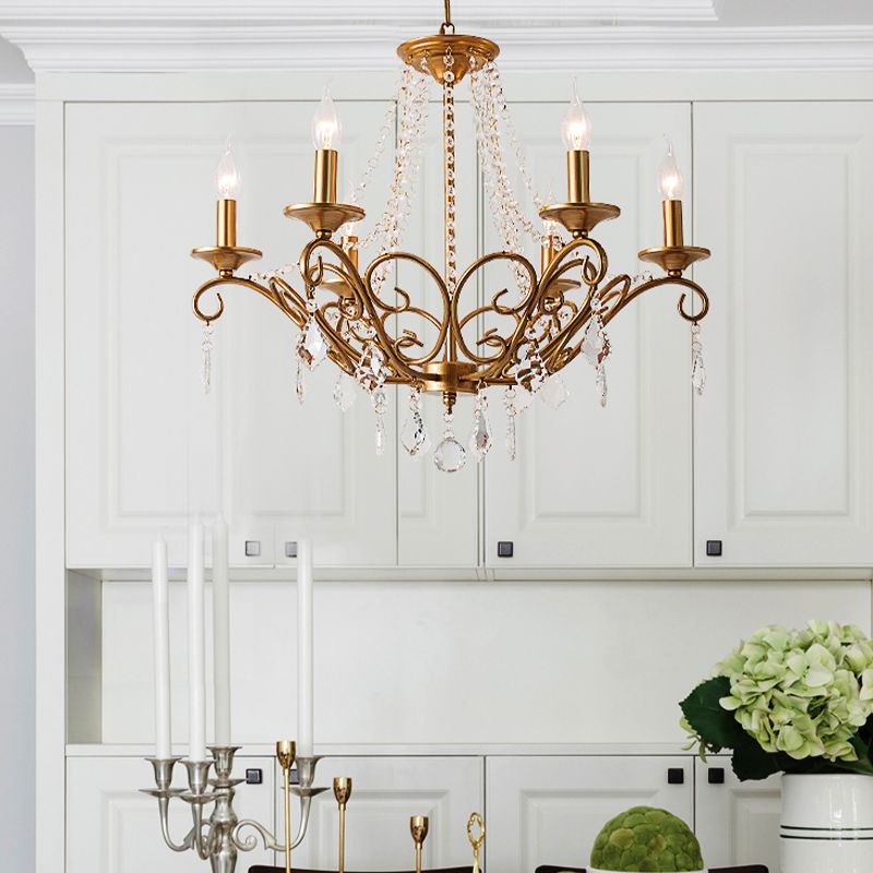 Modernism Sputnik Chandelier Metal 6 Heads Hanging Light Fixture in Gold with Crystal Drop
