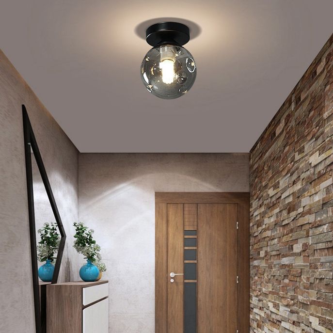 Sphere Shape Flush Light Modern Style Glass 1 Light Flush Ceiling Light in Black / Amber