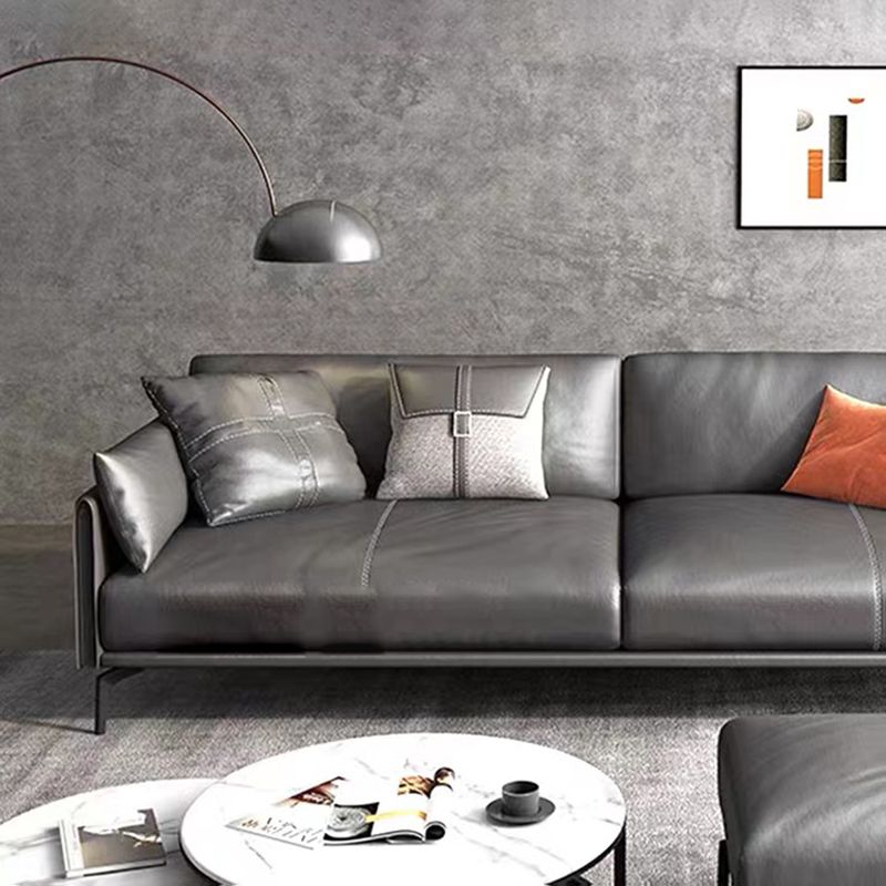 Gray Leather Sofa with Four Legs Contemporary Living Room Seating