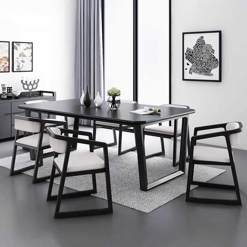 Rectangle Industrial Dining Table Black Ashwood Solid Wood Fixed Table