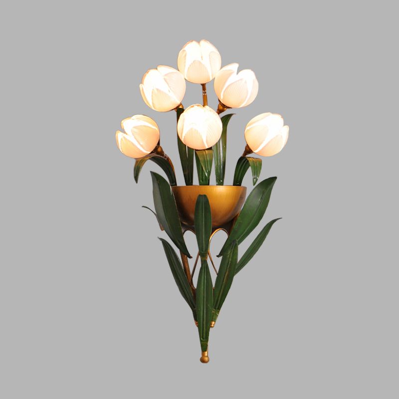 Pink Glass Brass Sconce Light Lotus 6 Lights Traditional Wall Mounted Lighting for Bedroom