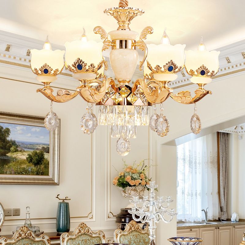 Cream Glass Gold Chandelier Pendant Light Floral Vintage Hanging Light with Hanging Crystal