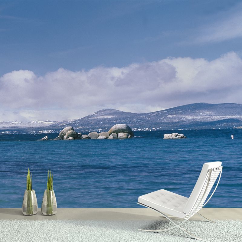 Sea Bay Snowy Forest Mural Modern Non-Woven Cloth Wall Decor in Blue for Bedroom