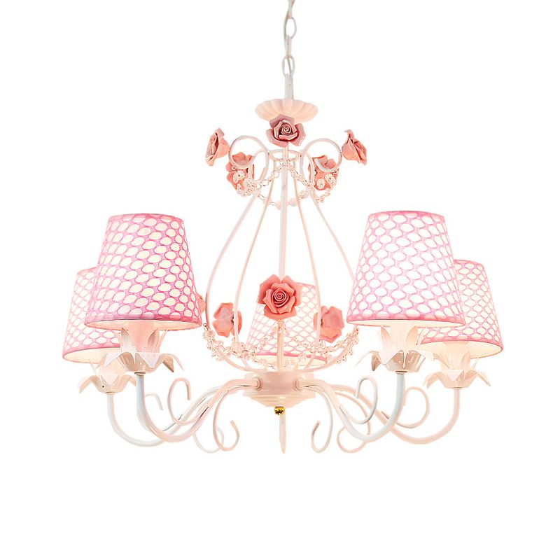 Countryside Barrel Chandelier Lighting Fixture 5 Heads Fabric Pendant Ceiling Light in Pink/White