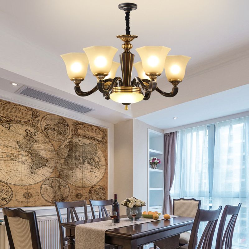 Vintage Bell Shade Pendant Chandelier White Glass Hanging Lamp Kit for Living Room