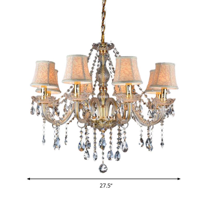 Armed Clear K9 Crystal Pendant Chandelier Rustic 6/8/10 Heads Beige Hanging Ceiling Light with Flared Fabric Shade