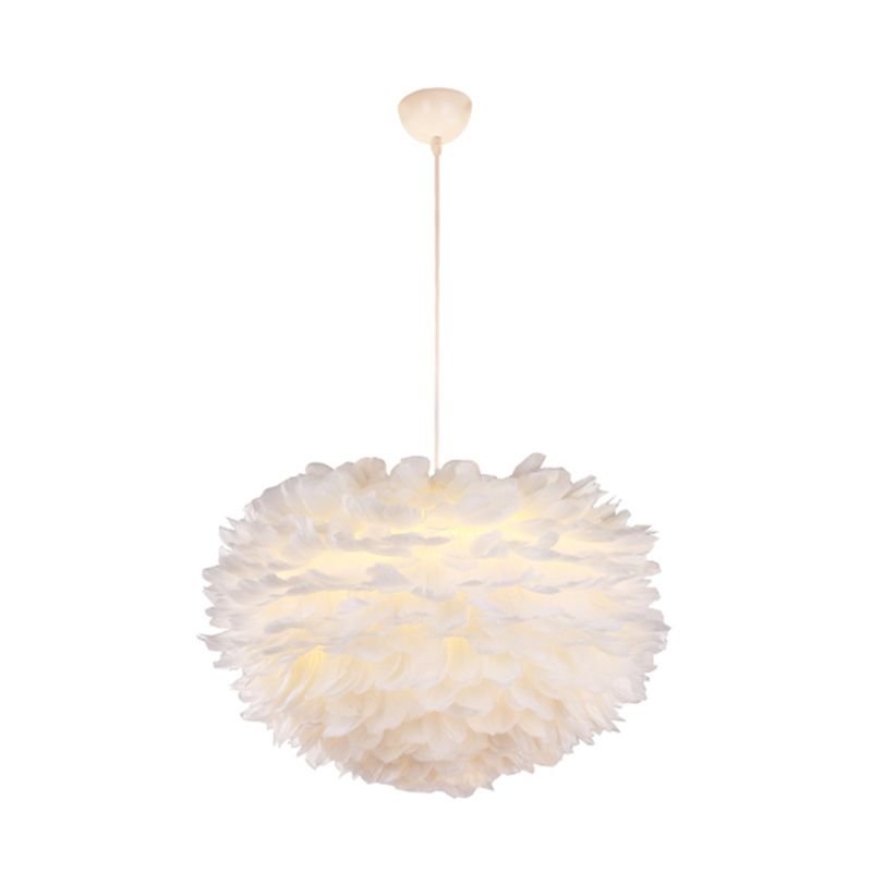 White Drum Pendant Light in Modern Creative Style Wrought Iron Chandelier with Feather Shade