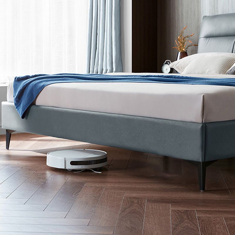 Rectangular Solid Color Panel Bed Genuine Leather Standard Bed with Metal Legs