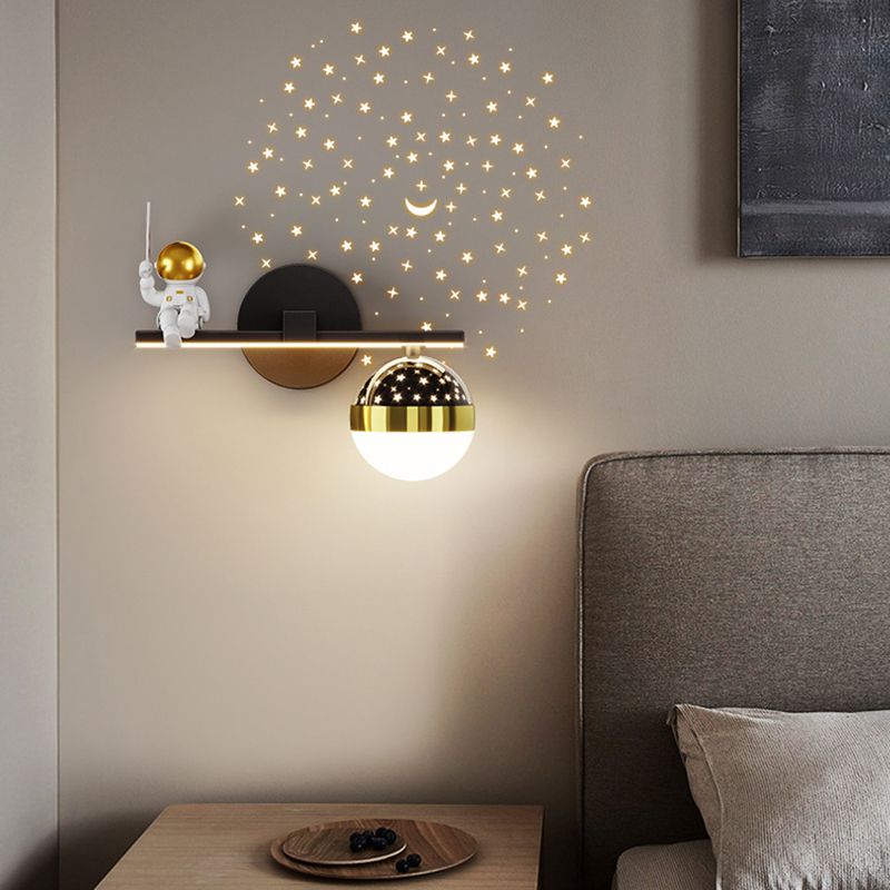 Kids Astronaut Wall Lamp Metal Sconce Lighting in Black and Gold for Bedroom