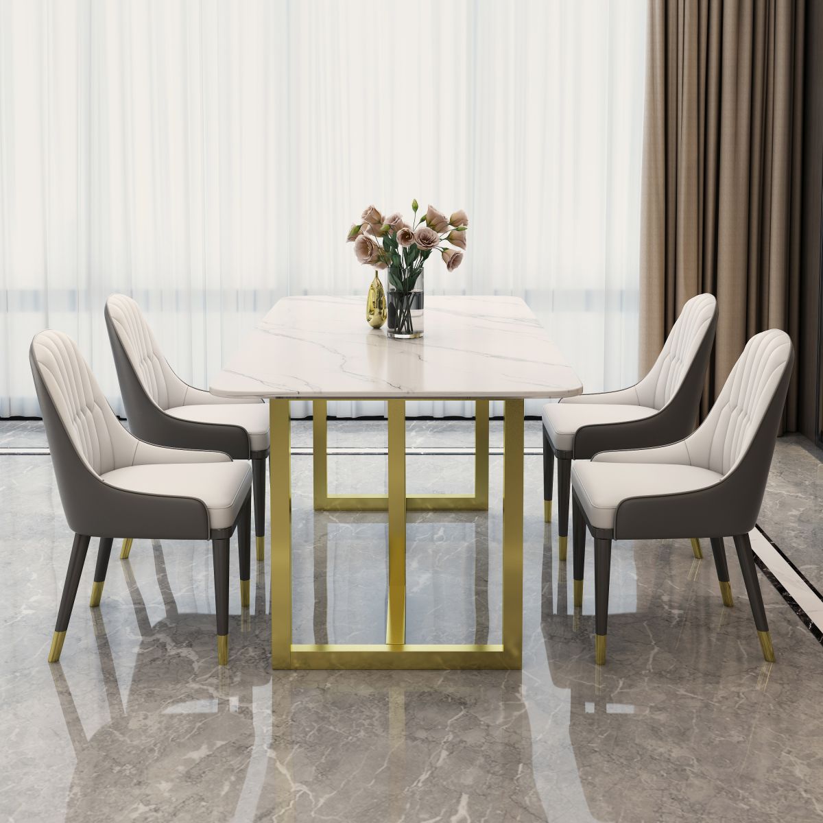 Rectangle Traditional Luxury Dining Table White Sintered Stone Table with Gold Double Pedestal