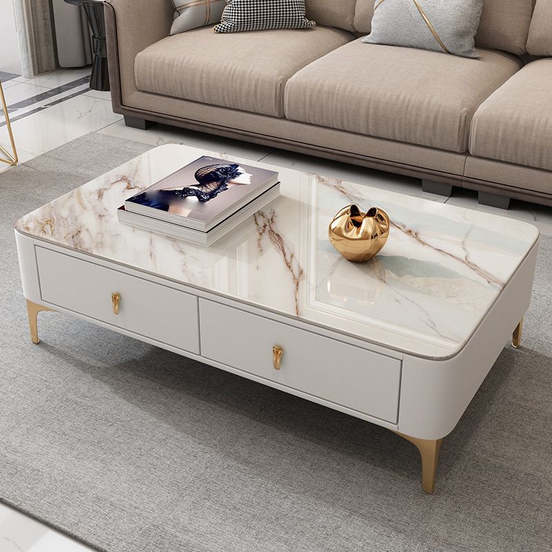 Modern Rectangular Stone Coffee Cocktail Table with Drawers, 47.2" W x 23.6" D x 15.7" H