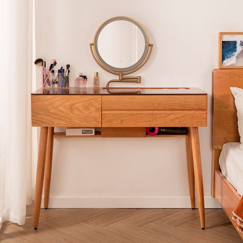 Wood and Glass Makeup Vanity Set With Mirror Standing Vanity Table