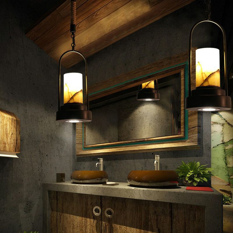 Faux Candle Wine Bar Pendant Lamp Rural Marble 1-Light Black Hanging Light Fixture with Arched Frame and Rope Detail