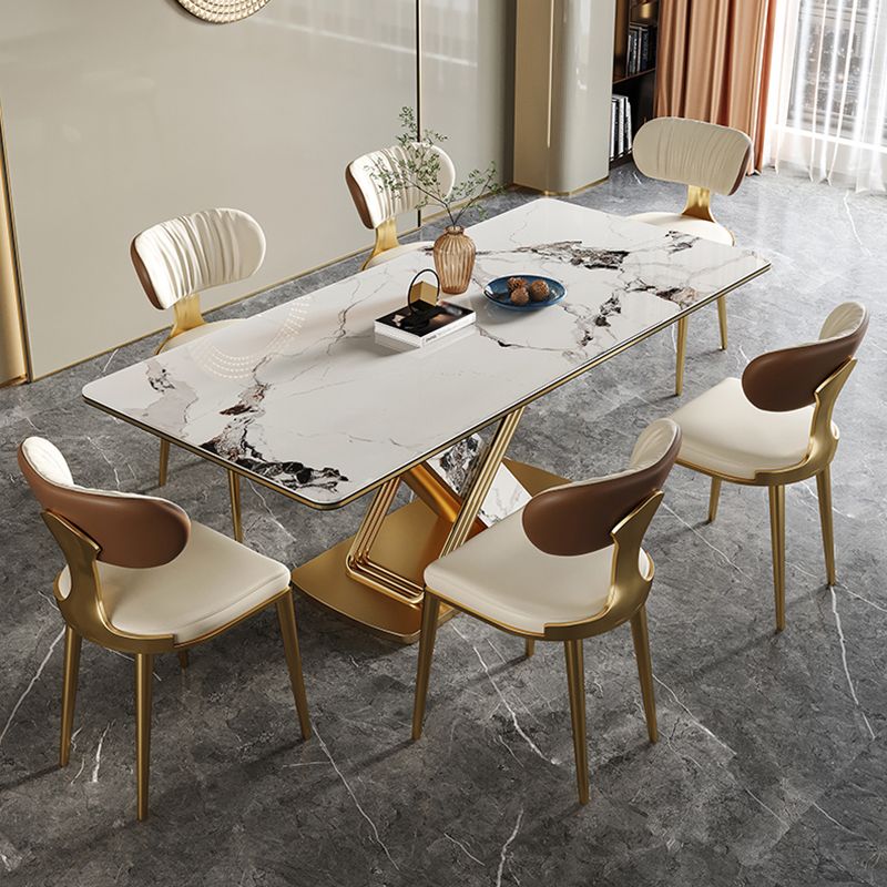 Traditional Luxury Style Dining Table Rectangle White Sintered Stone Table with Gold Frame