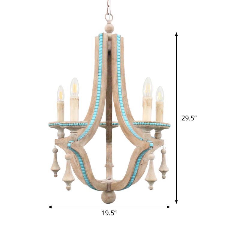 Chandelier de lustre en bois rustique 5 têtes Kit de lampe suspendue beige pour le salon