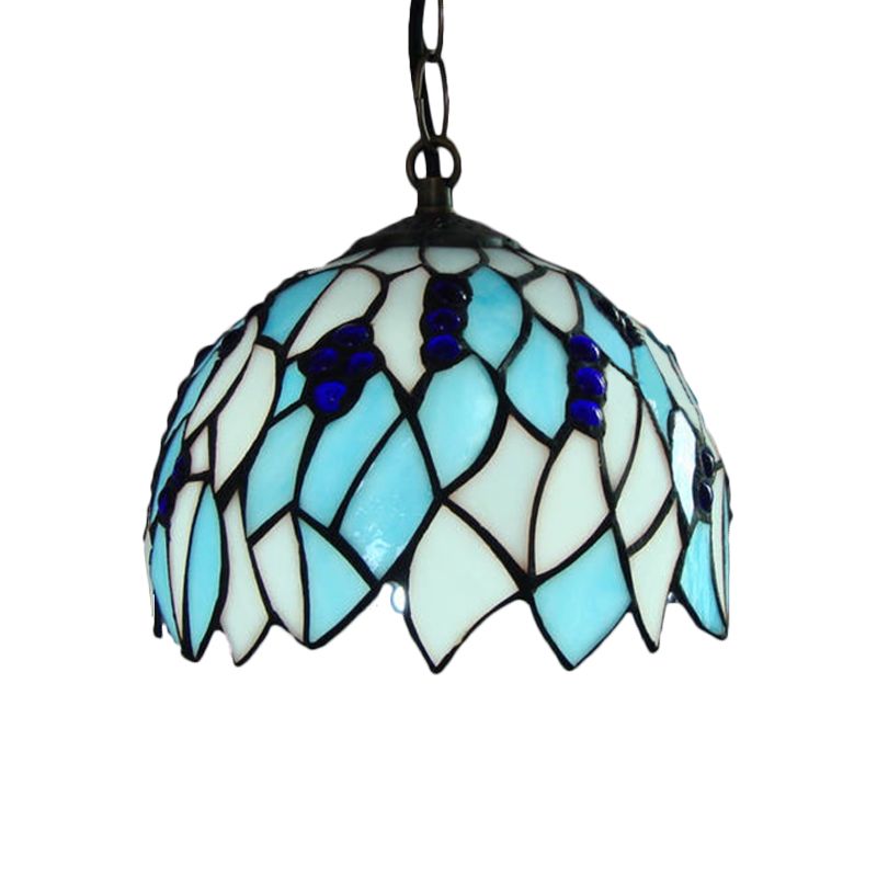Blue 1 Light Suspension Lamp Baroque Stained Glass Domed Shaped Hanging Ceiling Light