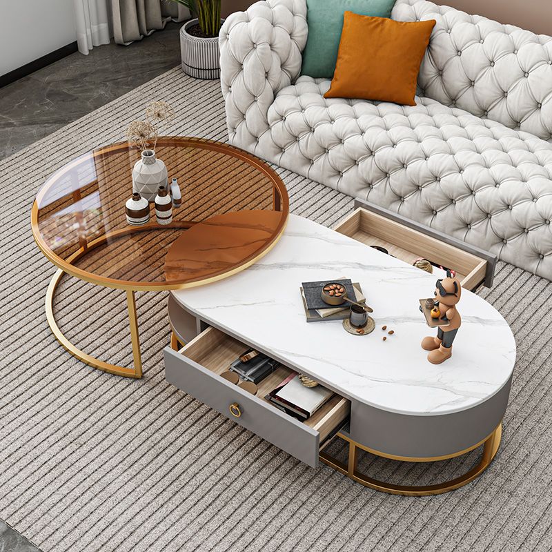 Oval Glass & Slate Coffee Table Set Frame Cocktail Table with Drawers