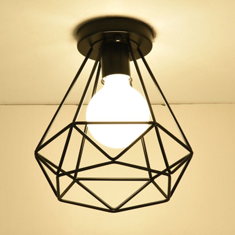 Black Close to Ceiling Lighting Industrial Metal Cage Diamond Ceiling Light Fixture