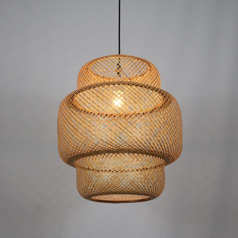 Bamboo Lantern Suspension Pendant Light Asia Style Beige Pendant Lighting Fixture