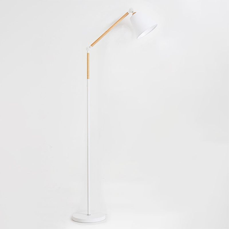 Tapered Floor Reading Lamp Nordic Fabric 1 Bulb Black/White and Wood Floor Light with Swing Arm