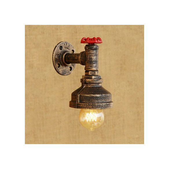 Water Pipe Metal Wall Lighting Rustic Style 1 Light Restaurant Wall Mounted Lamp with Red Valve in Bronze/Antique Brass