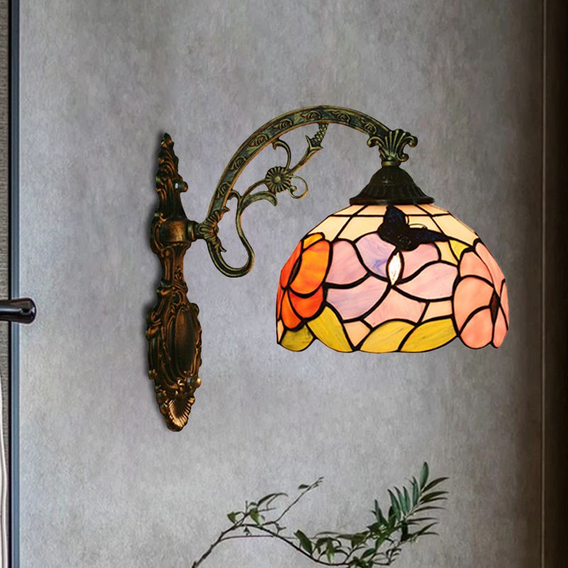 Single Butterfly and Peony Wall Sconce Tiffany Bronze Stained Glass Wall Mount Lamp