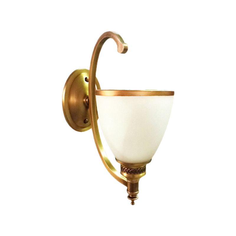 Metal Curved Wall Lighting Fixture Colonial Style 1/2-Light Bedroom Gold Wall Sconce with Opal Glass Bowl Shade