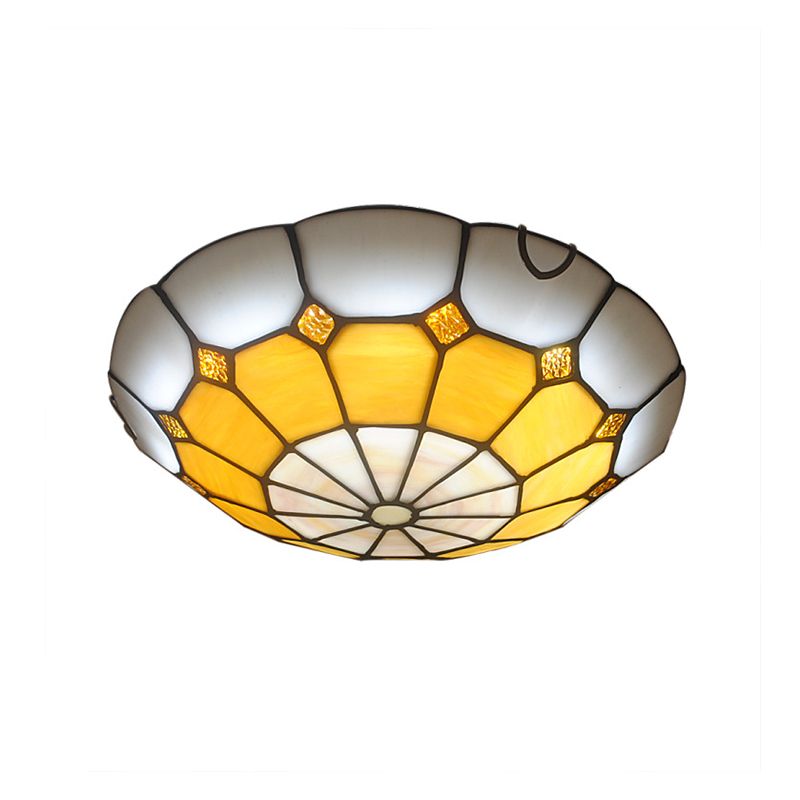 12"/16" Wide Art Glass Grid Bowl Ceiling Mount Light Tiffany Antique Ceiling Lamp in Blue/Orange/Yellow for Bedroom