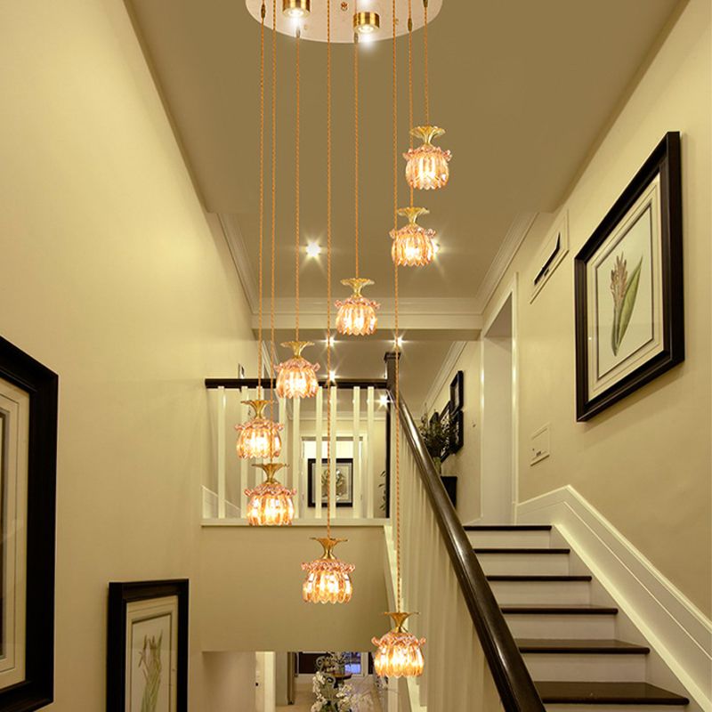 Modernist Globe/Cylinder Pendant Lamp 8-Head Tan Prismatic Glass Multi Light Chandelier in Brass