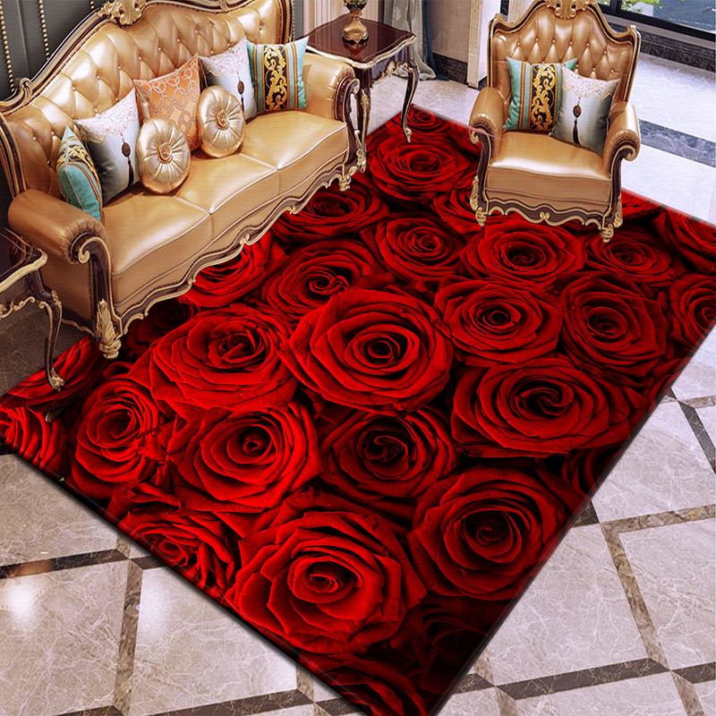 Dark Wine Red Modern Carpet Polyester Flowers Carpet Washable Carpet for Living Room