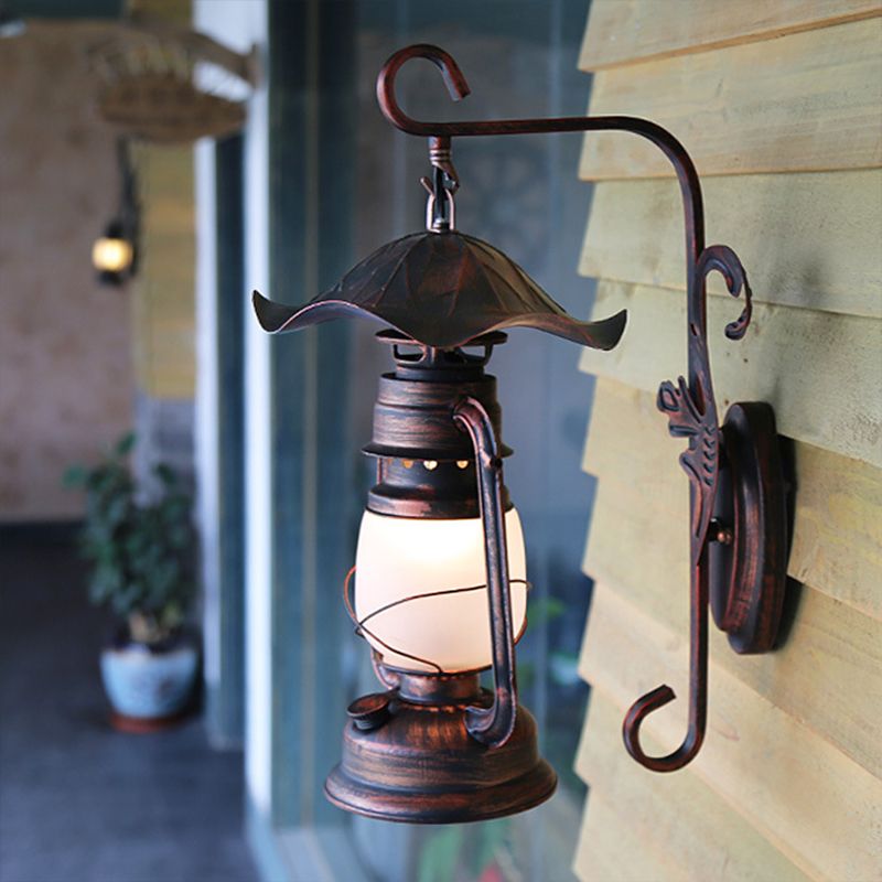 Single Bulb Wall Lighting Rural Kerosene Lamp Frosted Glass Wall Light Sconce in Weathered Copper