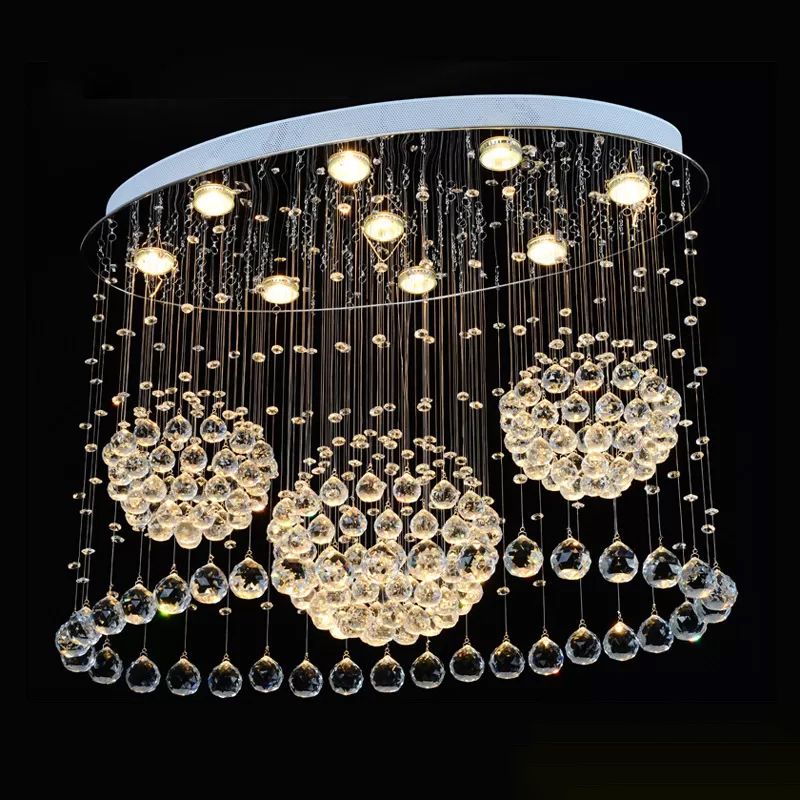 9 Bulbs Oval Flush Ceiling Light Fixture Modern Stainless Steel Crystal Drape Flushmount Light for Bedroom