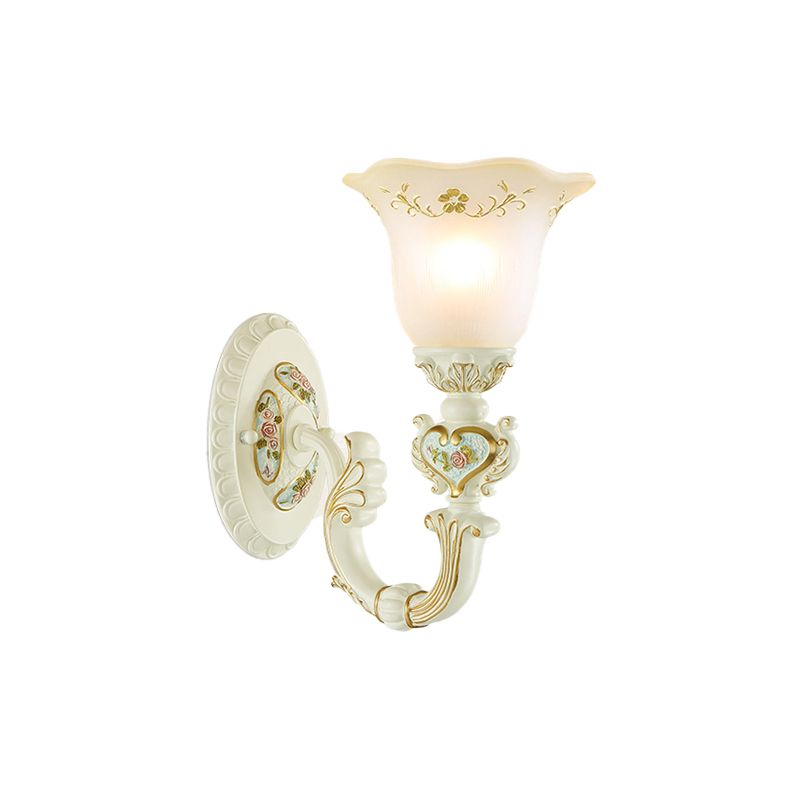 1-Light Wall Mount Lamp Retro Flower Frosted Glass Sconce Light with Carved Arm in White for Porch